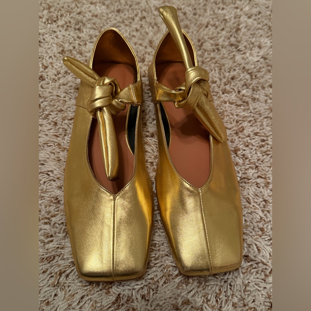 Gold Ballet Flats Square Toe Metallic Knotted Detail Flat Shoes size 9 - Picture 5 of 9